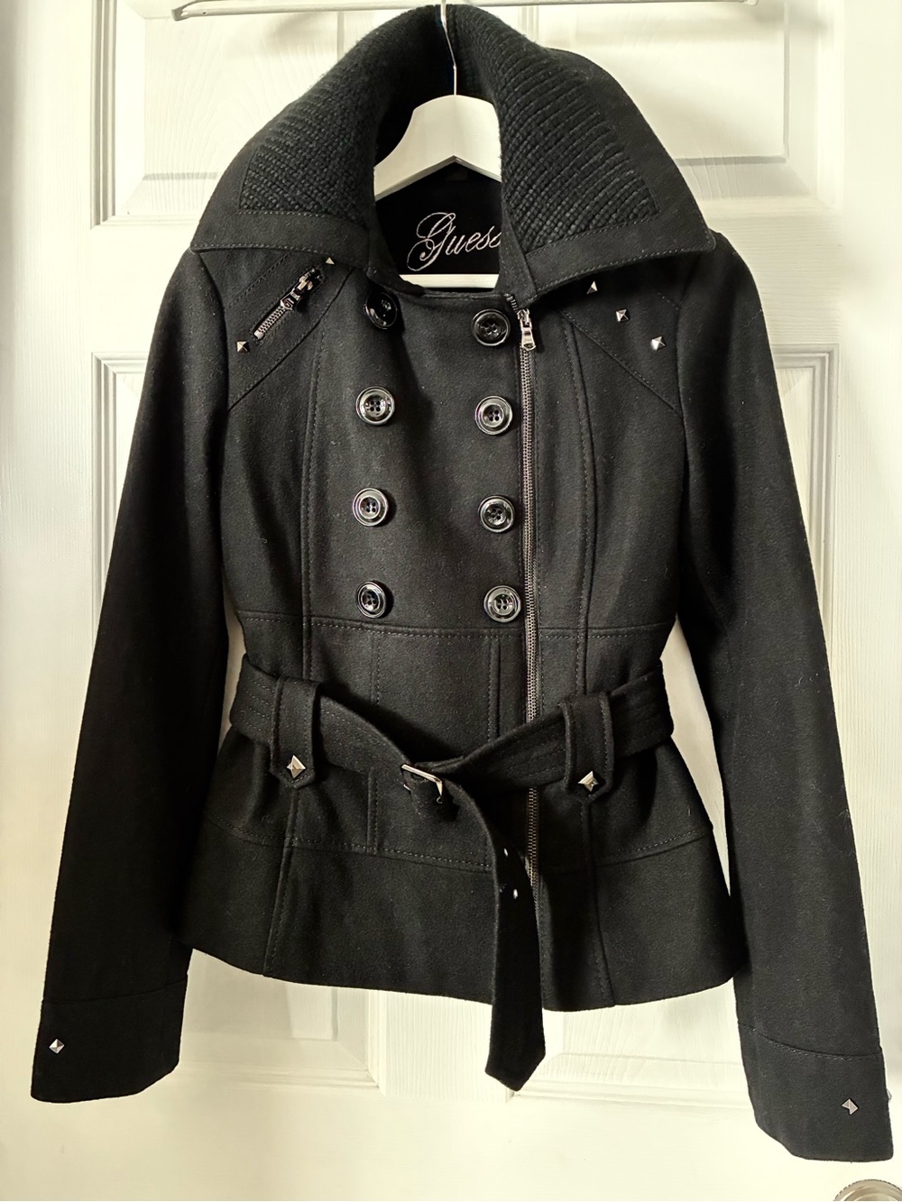 Y2K Guess Black Double-Breasted Wool Blend Pea Coat with Belt and Studs